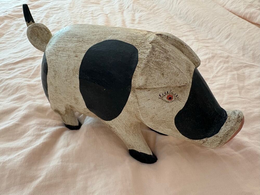 Vintage Folk Art Hand Carved Wooden Pig Figurine Rustic Farmhouse Cottagecore